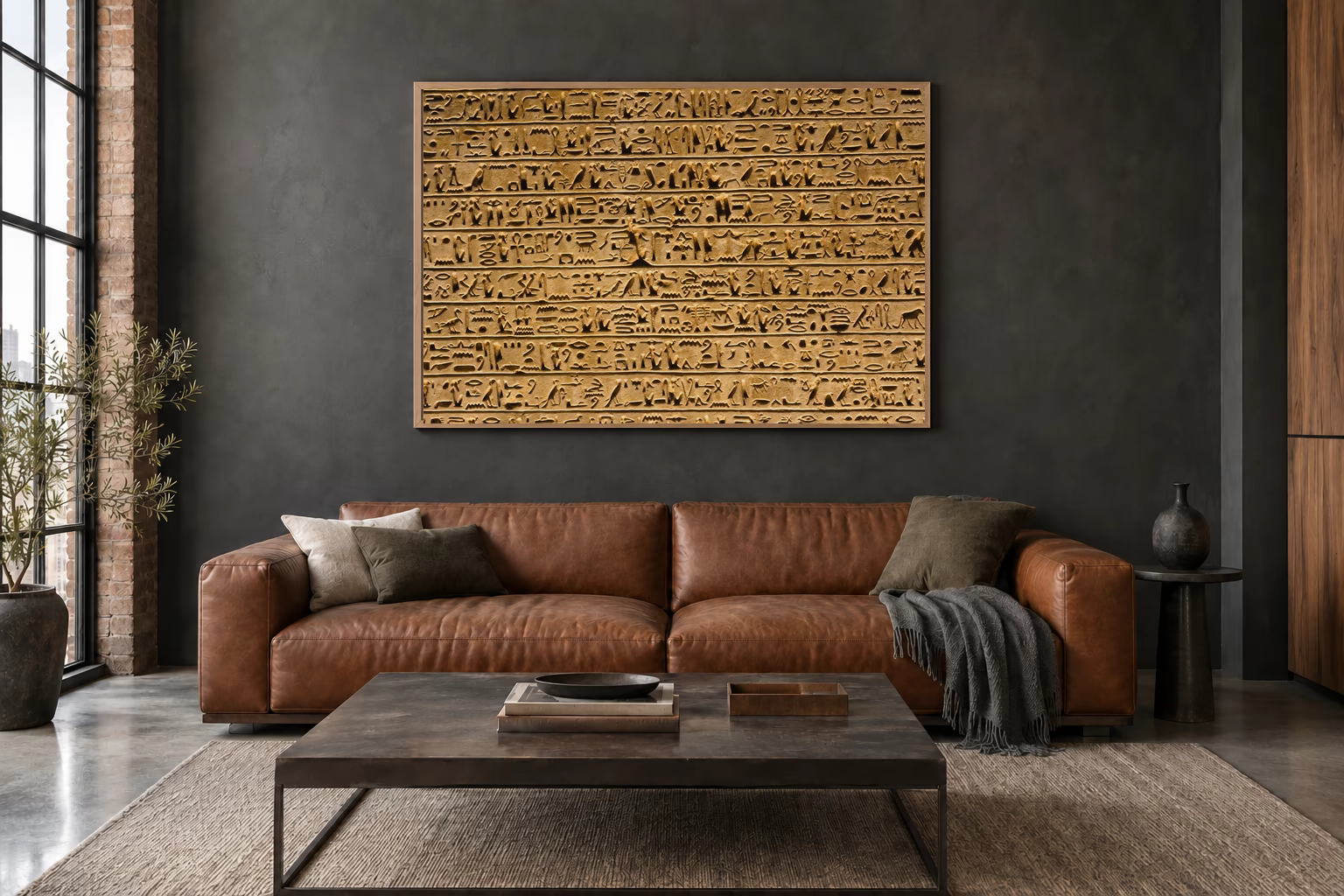 Das Werk an einer dunklen Wand im Loft über einem Ledersofa: Ankh und Augen im Relief, 120 × 80 cm.