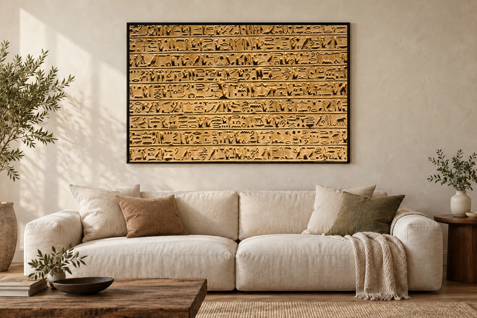 Das Werk an einer hellen Wohnzimmerwand über einem Sofa: Ankh und Augen im Relief im Rahmen, 120 × 80 cm.