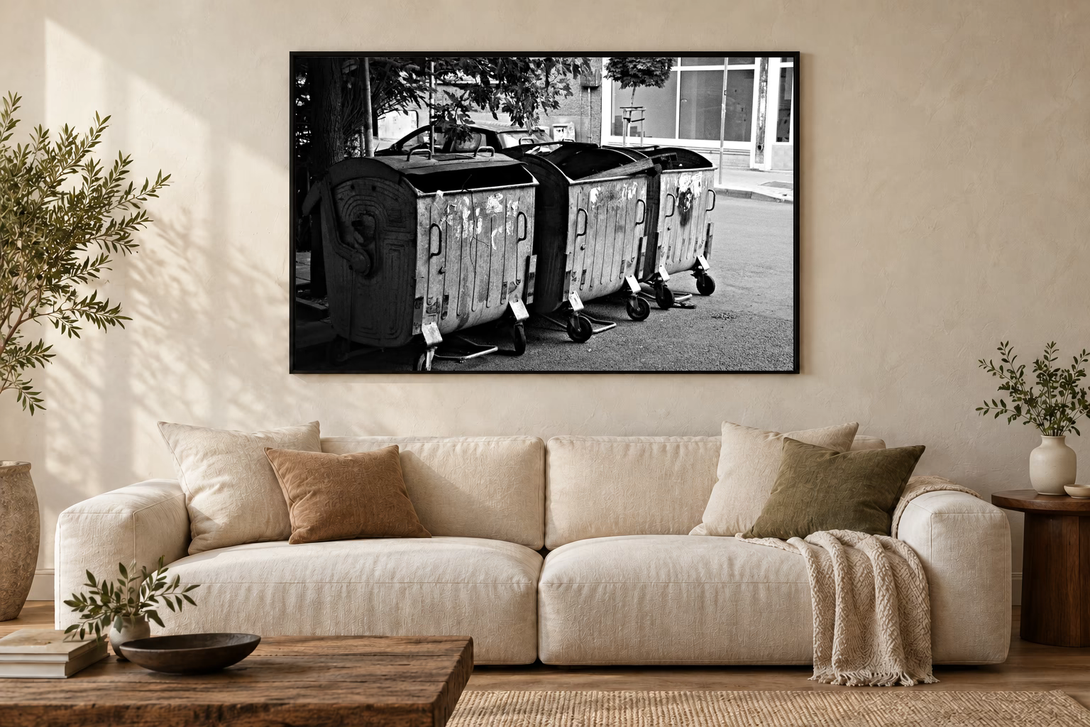 Das Werk an einer hellen Wohnzimmerwand über einem Sofa: Container am Straßenrand im Rahmen, 120 × 80 cm.