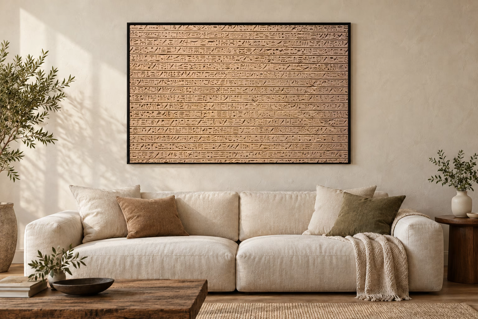 Das Werk an einer hellen Wohnzimmerwand über einem Sofa: Kartuschen in der Sandsteinwand im Rahmen, 120 × 80 cm.