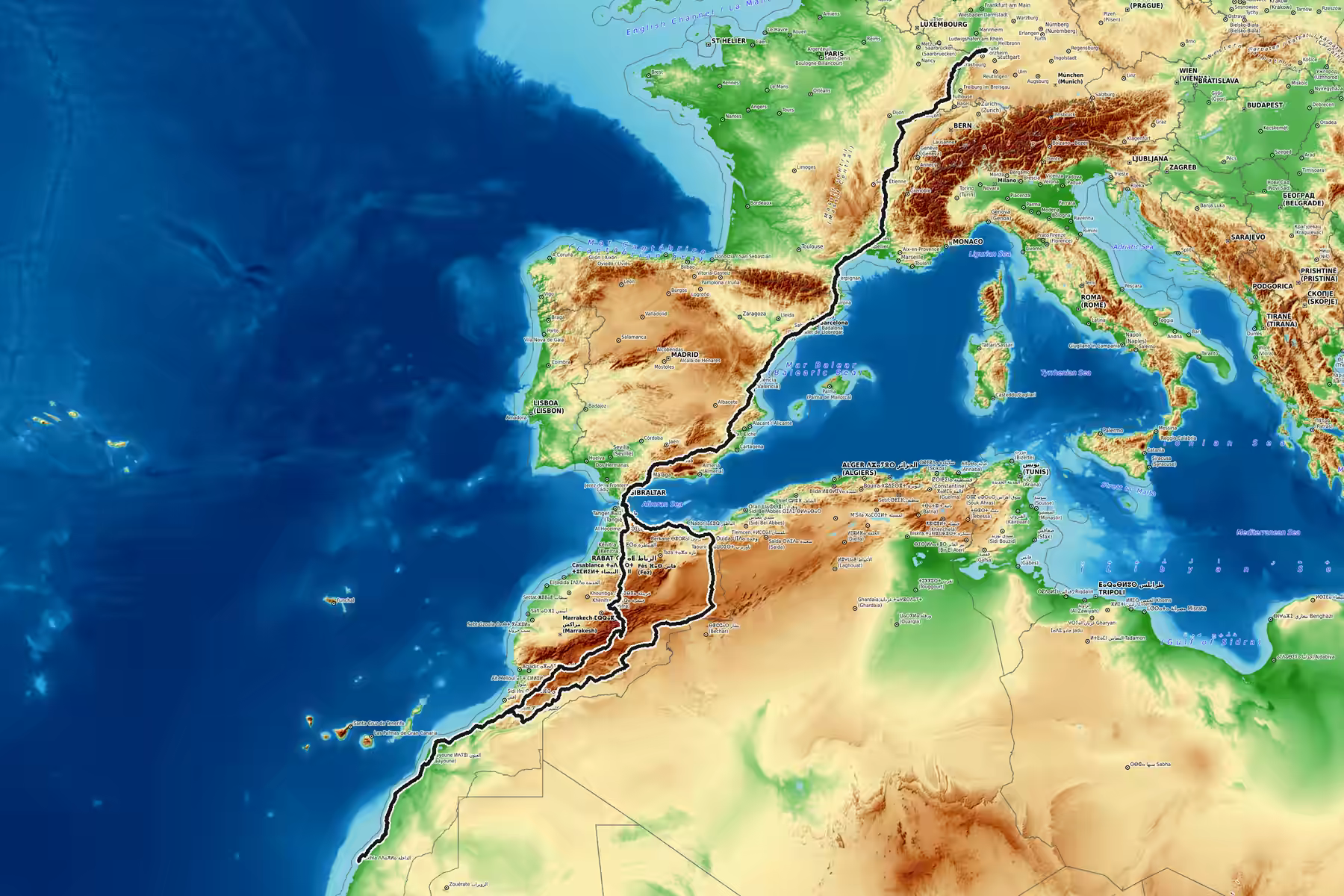Karte von Westeuropa und Nordwestafrika mit der eingezeichneten Route der Reise von Baden-Wuerttemberg ueber Frankreich und Spanien nach Marokko bis Dakhla und zurueck.
