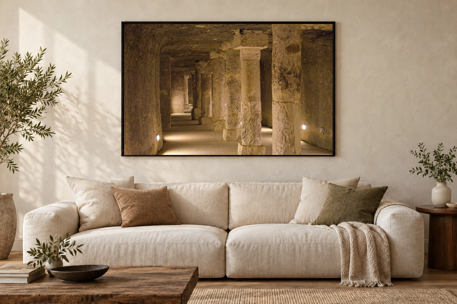 Das Werk an einer hellen Wohnzimmerwand über einem Sofa: Säulengang unter der Erde im Rahmen, 120 × 80 cm.