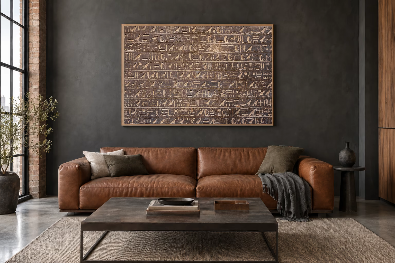 Das Werk an einer dunklen Wand im Loft über einem Ledersofa: Schriftzeichen in dunklem Gestein, 120 × 80 cm.