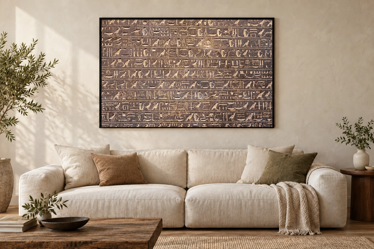 Das Werk an einer hellen Wohnzimmerwand über einem Sofa: Schriftzeichen in dunklem Gestein im Rahmen, 120 × 80 cm.
