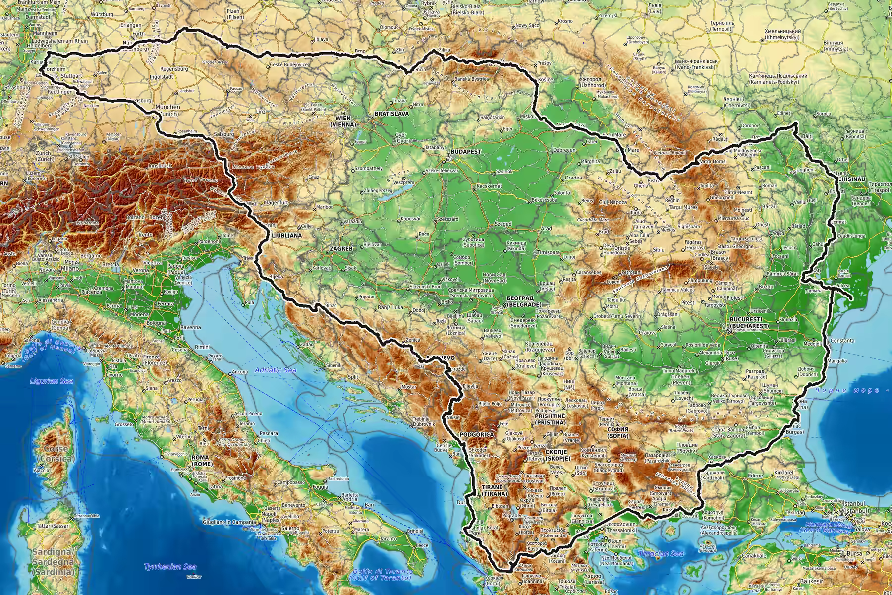 Karte von Mittel- und Suedosteuropa mit der eingezeichneten Route der Reise von Baden-Wuerttemberg ueber die Slowakei, Ungarn, Rumaenien und Moldawien an das Schwarze Meer, weiter ueber Bulgarien, Griechenland, Albanien und Montenegro nach Bosnien und zurueck.