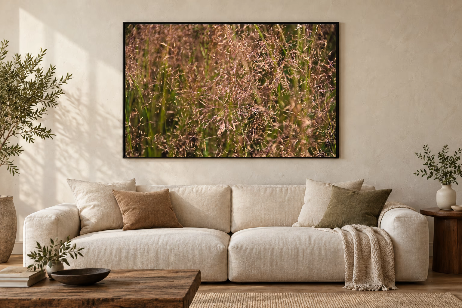 Das Werk an einer hellen Wohnzimmerwand über einem Sofa: Sommergras im Abendlicht im Rahmen, 120 × 80 cm.