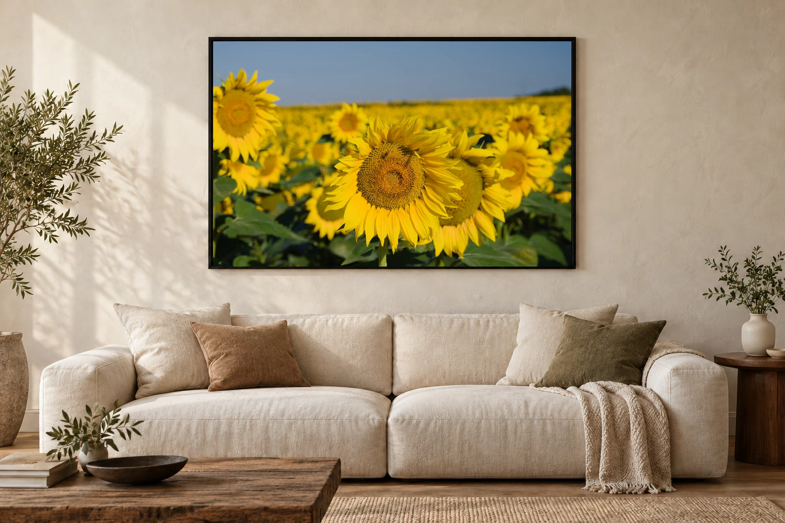 Das Werk an einer hellen Wohnzimmerwand über einem Sofa: Sonnenblumen bis zum Horizont im Rahmen, 120 × 80 cm.